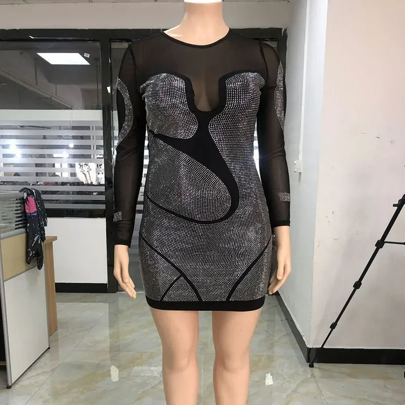 XL-5XL Women Plus Size Sexy Mesh Patchwork Long-sleeve Rhinestone Bodycon Dress - Image 4