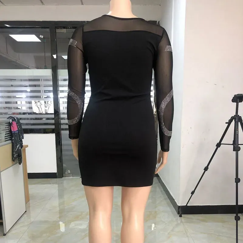XL-5XL Women Plus Size Sexy Mesh Patchwork Long-sleeve Rhinestone Bodycon Dress - Image 6