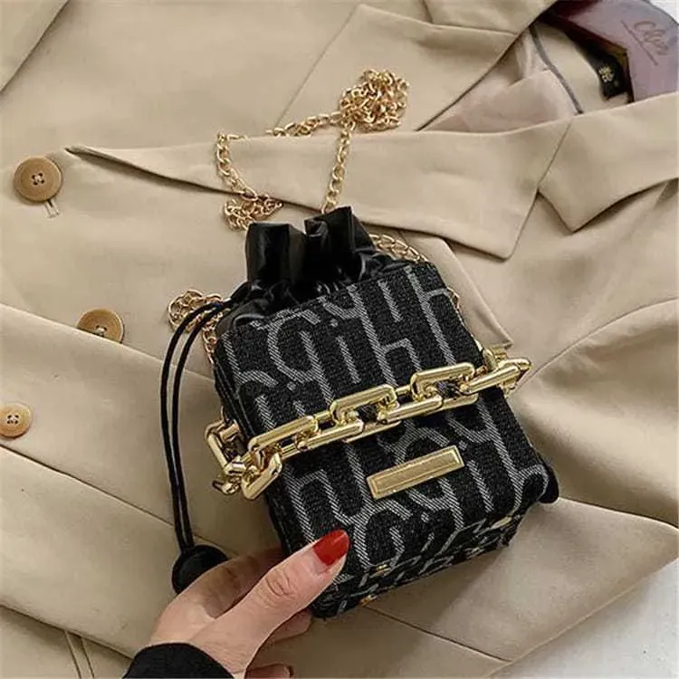 Women Fashion Color Blocking Patchwork Drawstring Chain Crossbody Bag