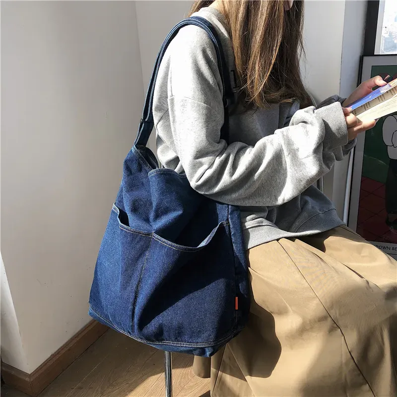 Fashion Denim Women Casual Design Solid Color Large Capacity Shoulder Handle Tote Bag - Image 3
