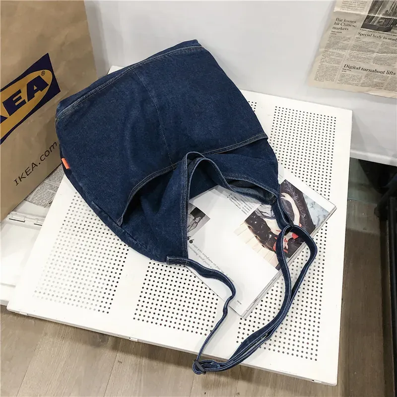 Fashion Denim Women Casual Design Solid Color Large Capacity Shoulder Handle Tote Bag - Image 6