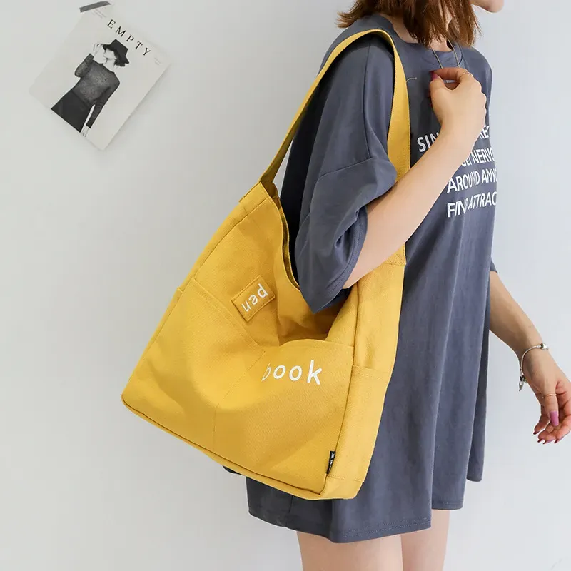 Women Casual Design Solid Color Canvas Shoulder Handle Tote Bag