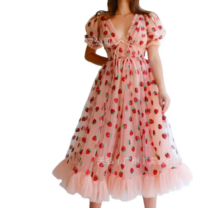 Plus Size Women Sweet Dating Short Puff Sleeve V Neck Mesh Patchwork Ruffled Dress - Image 3