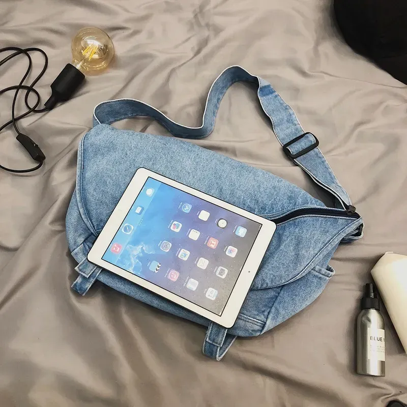 Retro Washed Denim Women Casual Zipper Design Solid Color Large Capacity Shoulder Handle Bag - Image 3