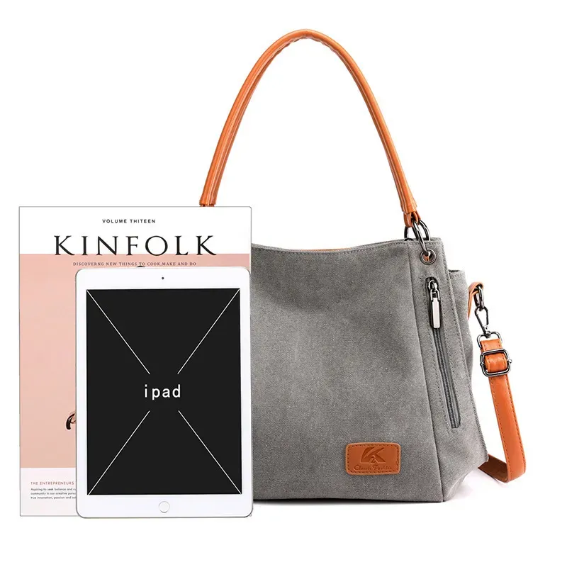 Women Casual Zipper Design Color Blocking Canvas Large Capacity Shoulder Handle Bag - Image 3