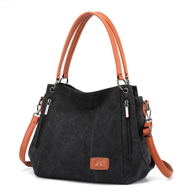 Women Casual Zipper Design Color Blocking Canvas Large Capacity Shoulder Handle Bag - Image 7