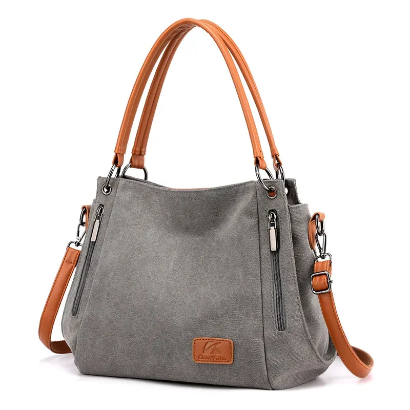 Women Casual Zipper Design Color Blocking Canvas Large Capacity Shoulder Handle Bag - Image 8