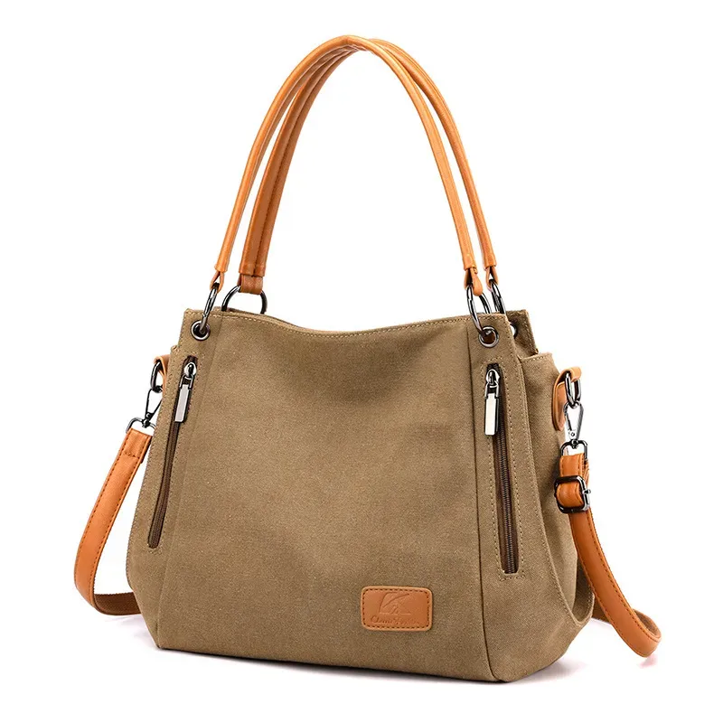 Women Casual Zipper Design Color Blocking Canvas Large Capacity Shoulder Handle Bag - Image 10
