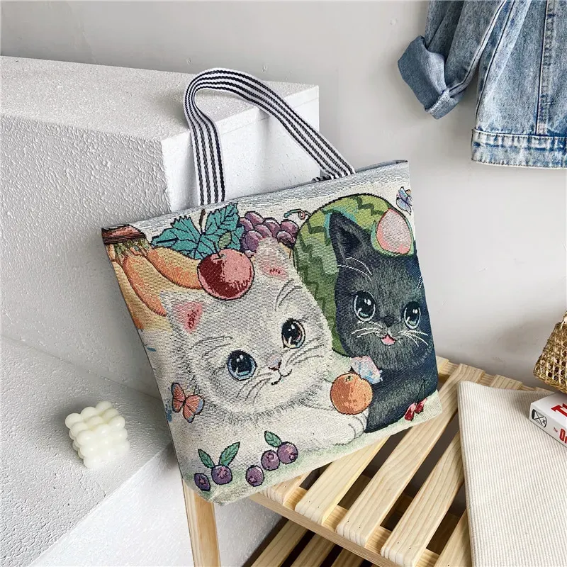 Fashion Ethnic Style Cartoon Embroidered Pattern Large Capacity Women Canvas Tote Bag - Image 4