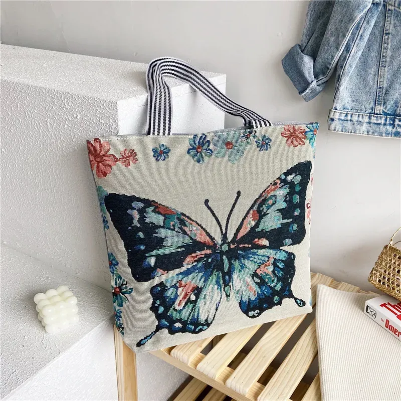 Fashion Ethnic Style Cartoon Embroidered Pattern Large Capacity Women Canvas Tote Bag - Image 5