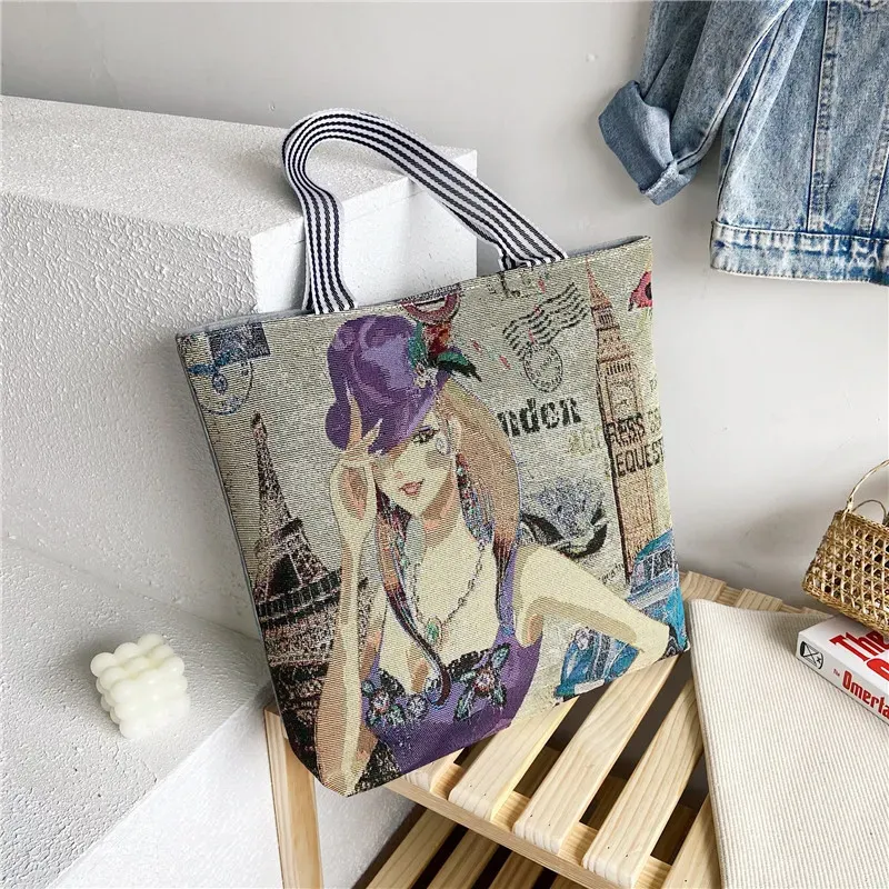 Fashion Ethnic Style Cartoon Embroidered Pattern Large Capacity Women Canvas Tote Bag - Image 11