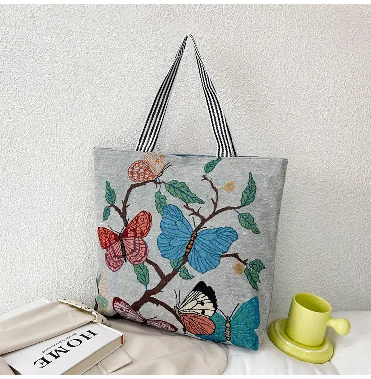 Fashion Ethnic Style Cartoon Embroidered Pattern Large Capacity Women Canvas Tote Bag - Image 15