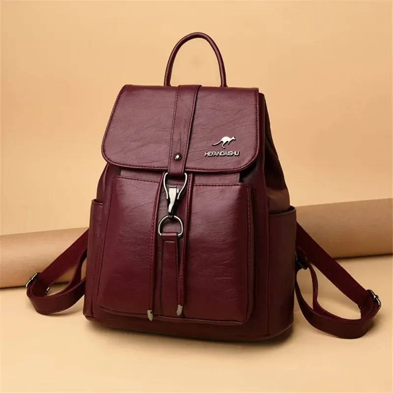 Women Casual Vintage Buckle Design Solid Color Large Capacity PU Backpack