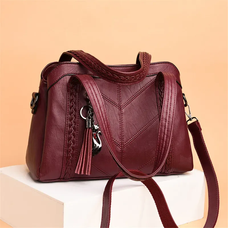 Women Vintage Tassel Pendant Solid Color Large Capacity PU Handle Bag