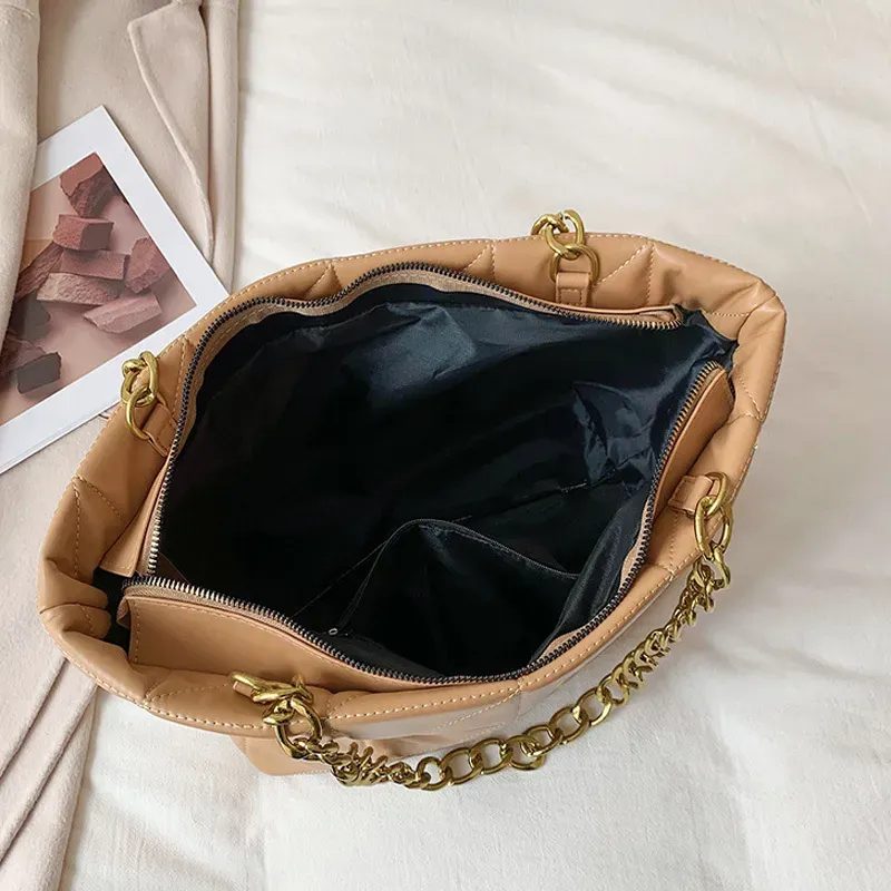 Women Basic Casual Chain Design Solid Color Large Capacity PU Tote Shoulder Bag - Image 6