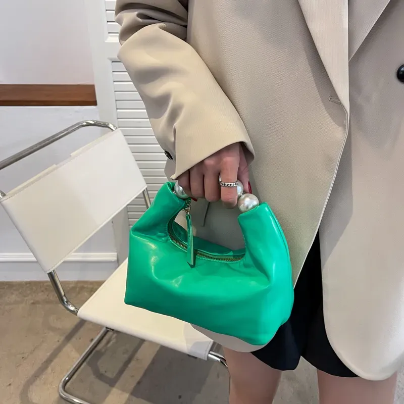 Women Chic Beaded Zipper Design Solid Color PU Handle Bag - Image 3