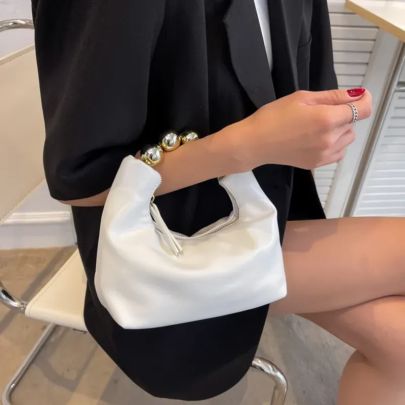 Women Chic Beaded Zipper Design Solid Color PU Handle Bag - Image 4