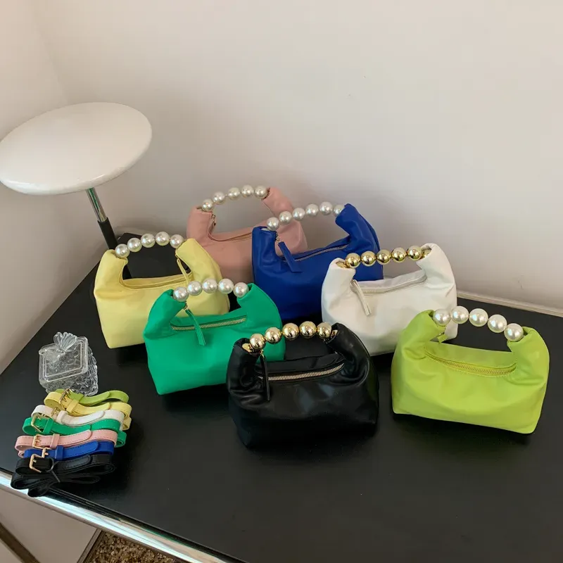 Women Chic Beaded Zipper Design Solid Color PU Handle Bag - Image 5