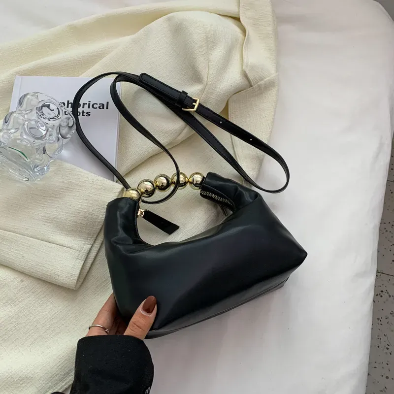 Women Chic Beaded Zipper Design Solid Color PU Handle Bag - Image 7