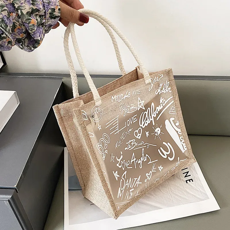 Women Creative Fashion Transparent Clear Design Letter Pattern Large Capacity Linen Tote Bag
