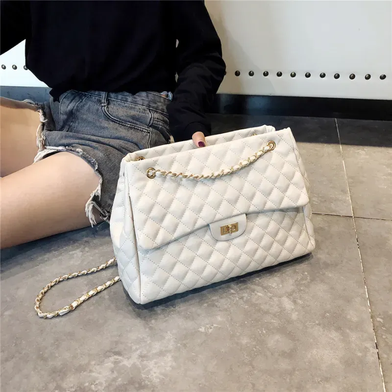 Women Fashion Rhombus Stitching Buckle Design Solid Color Large Capacity PU Shoulder Bag - Image 5