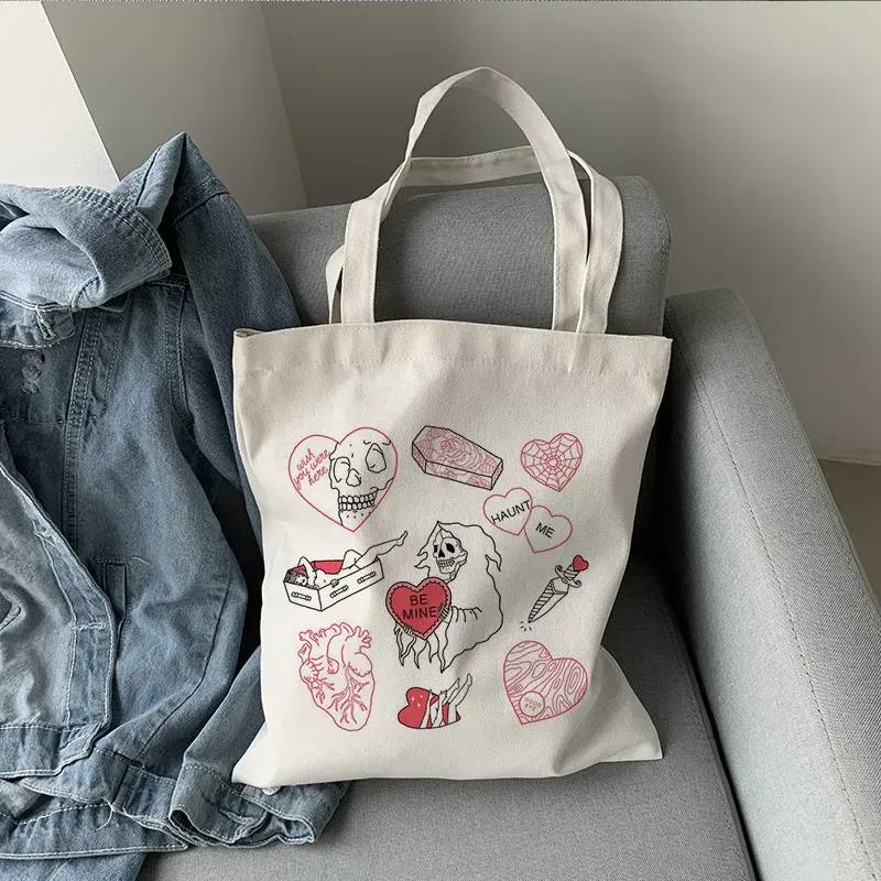 Women Cute Cartoon Graphic Print Large Capacity Canvas Tote Bag - Image 3