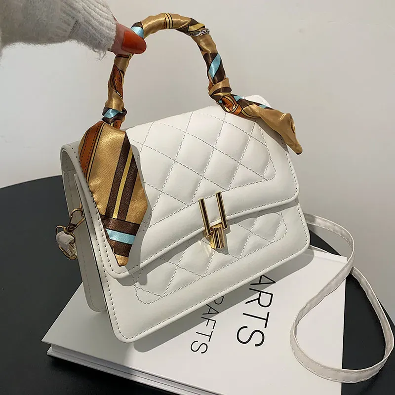 Women Elegant Silk Scarf Decorated Flap Buckle Design Rhombus Stitching Solid Color PU Crossbody Bag - Image 3