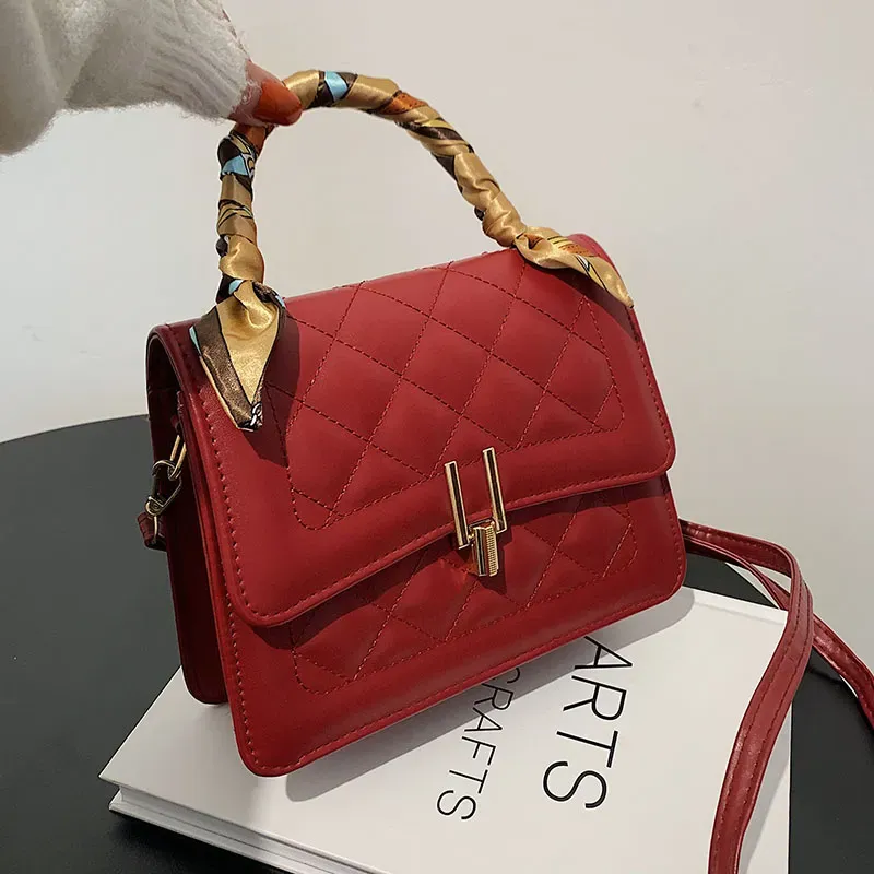 Women Elegant Silk Scarf Decorated Flap Buckle Design Rhombus Stitching Solid Color PU Crossbody Bag - Image 5