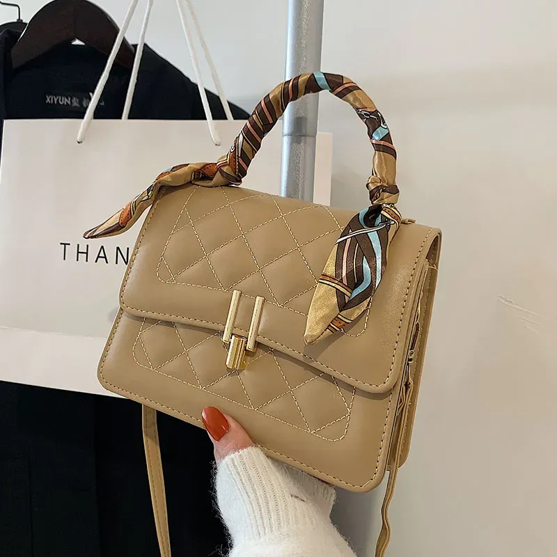 Women Elegant Silk Scarf Decorated Flap Buckle Design Rhombus Stitching Solid Color PU Crossbody Bag - Image 6