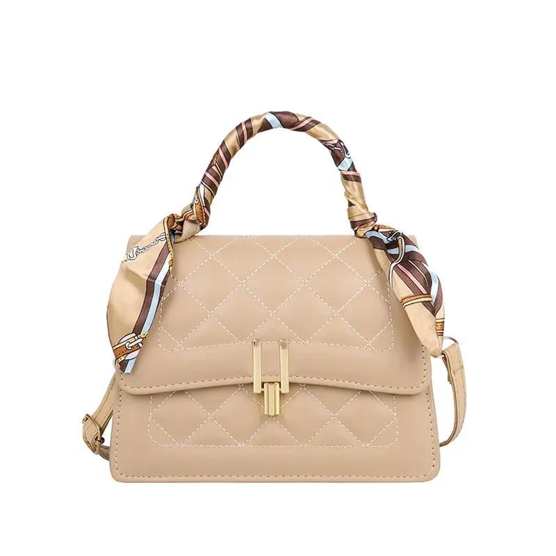 Women Elegant Silk Scarf Decorated Flap Buckle Design Rhombus Stitching Solid Color PU Crossbody Bag - Image 8