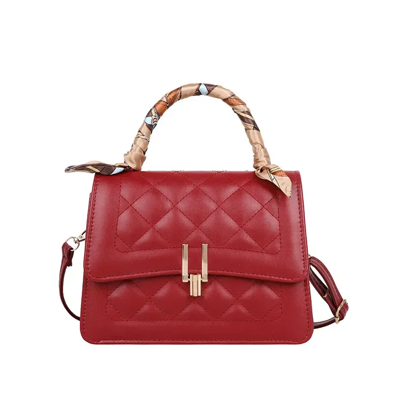 Women Elegant Silk Scarf Decorated Flap Buckle Design Rhombus Stitching Solid Color PU Crossbody Bag - Image 9