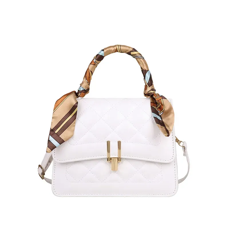 Women Elegant Silk Scarf Decorated Flap Buckle Design Rhombus Stitching Solid Color PU Crossbody Bag - Image 10
