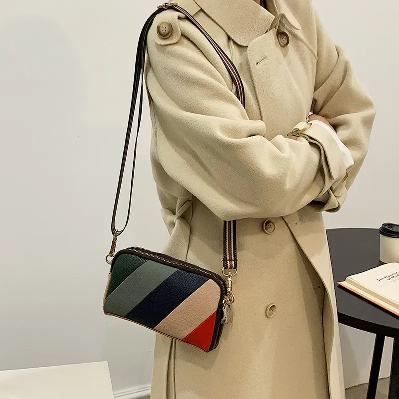 Women Casual Striped Color Blocking Zip Design PU Crossbody Bag - Image 3