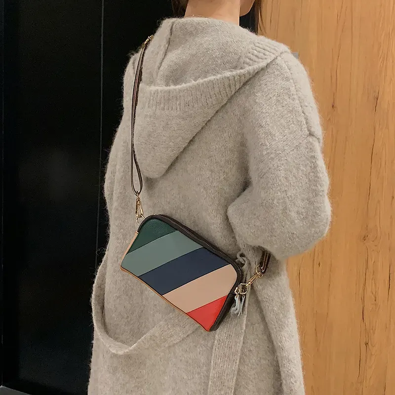 Women Casual Striped Color Blocking Zip Design PU Crossbody Bag - Image 4