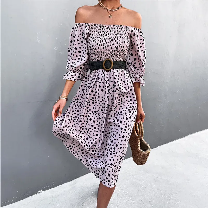 Summer Women Vintage Bohemian Square Neck Short Puff Sleeves Dress Without Belt