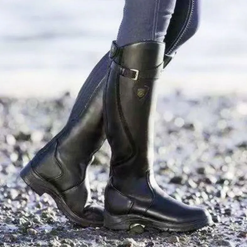 Women Fashion Round Toe Solid Color Pu Flat Side Zipper Knee High Boots Combat Boots