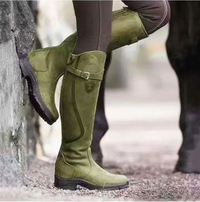 Women Fashion Round Toe Solid Color Pu Flat Side Zipper Knee High Boots Combat Boots - Image 5