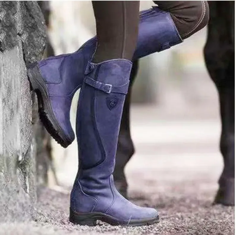 Women Fashion Round Toe Solid Color Pu Flat Side Zipper Knee High Boots Combat Boots - Image 12