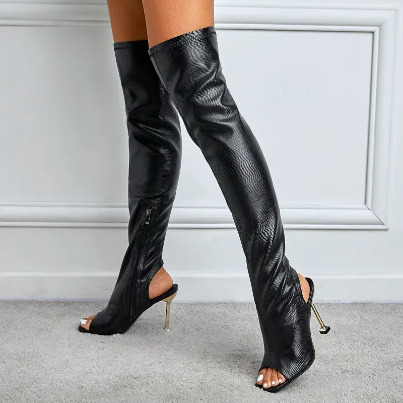 Women Fashion Square Toe Pu Side Zipper Over The Knee Boots - Image 3