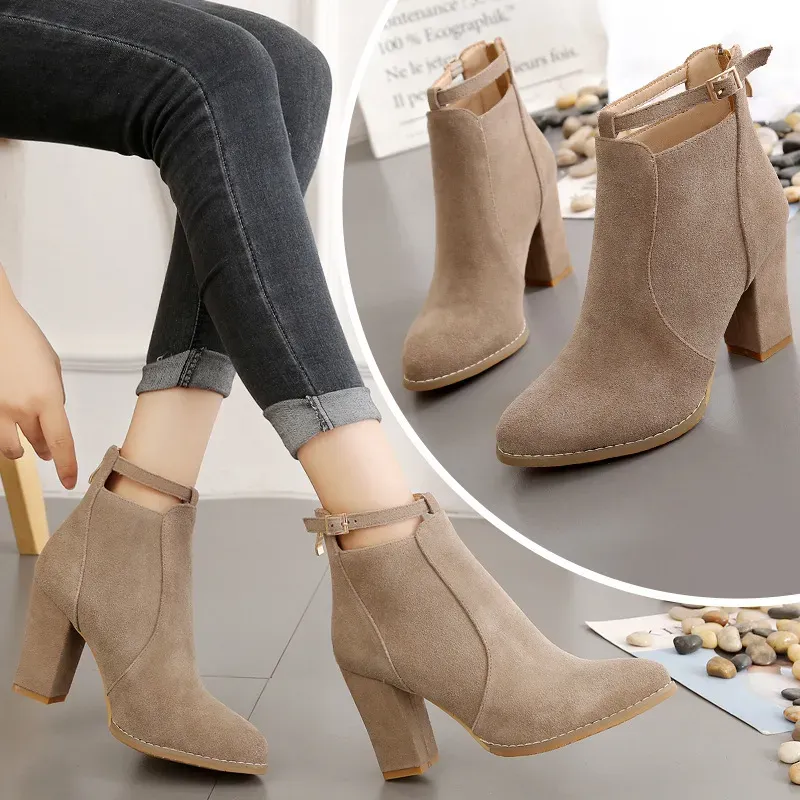 Women Fashion Round Toe Suede Chunky Heel Ankle Strap Buckle Short Boots Shoes