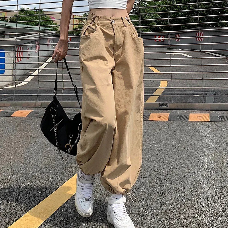 Women Khaki Strappy Overalls Loose Straight Casual Wide-Leg Jogger Pants