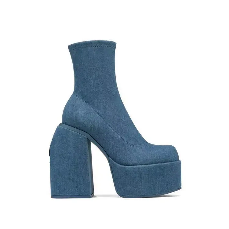 Women Fashio Denim Chunky Heel Side Zipper Mid-Calf Boots Shoes - Image 6
