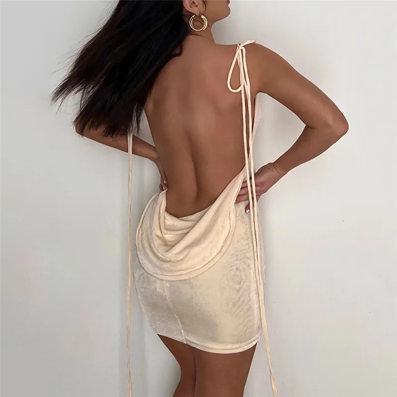 Summer Nightclub Women Sexy Backless Strappy Solid Slim Tight Dress
