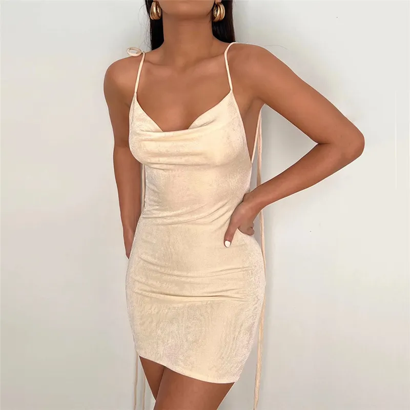 Summer Nightclub Women Sexy Backless Strappy Solid Slim Tight Dress - Image 3