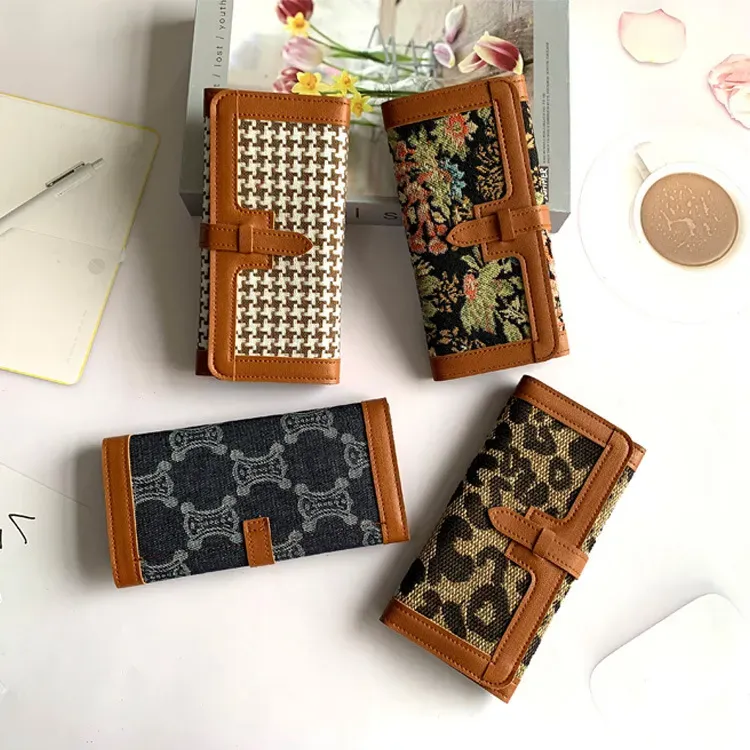 Women Fashion Vintage Houndstooth Floral Pu Patchwork String Purse