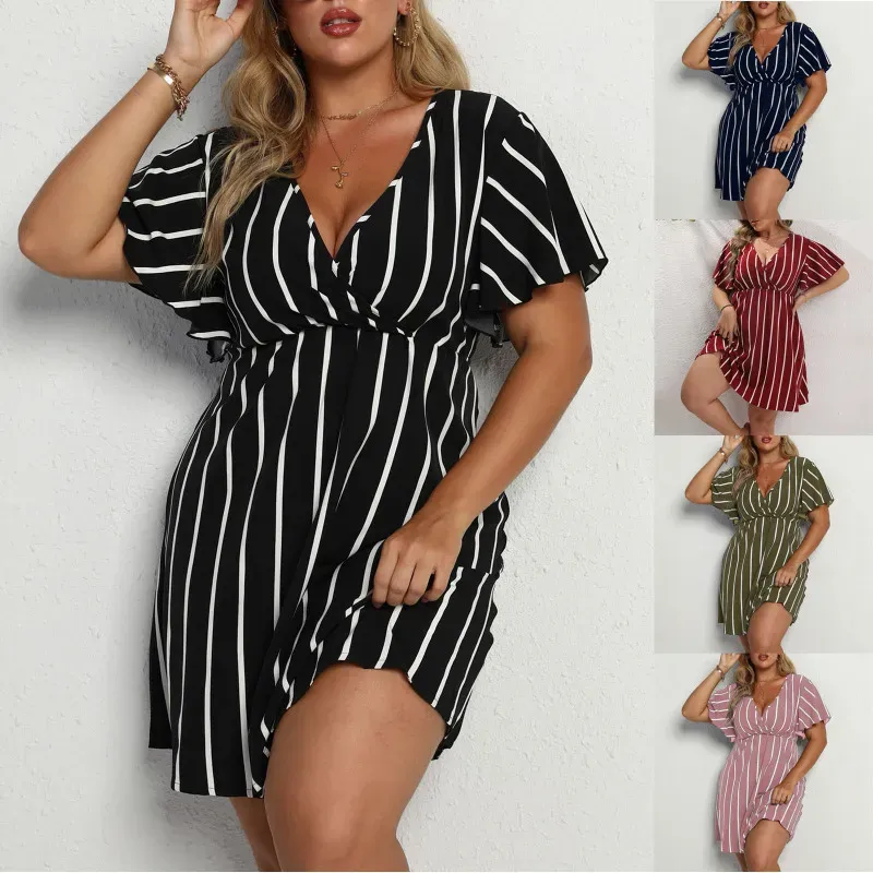 Women Plus Size Stripe V-Neck Short-Sleeved Casual V Neck Dress