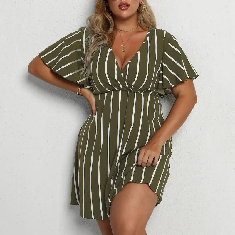 Women Plus Size Stripe V-Neck Short-Sleeved Casual V Neck Dress - Image 4