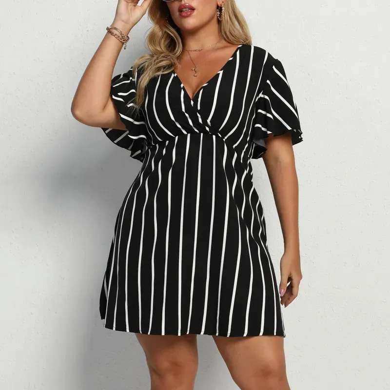 Women Plus Size Stripe V-Neck Short-Sleeved Casual V Neck Dress - Image 7