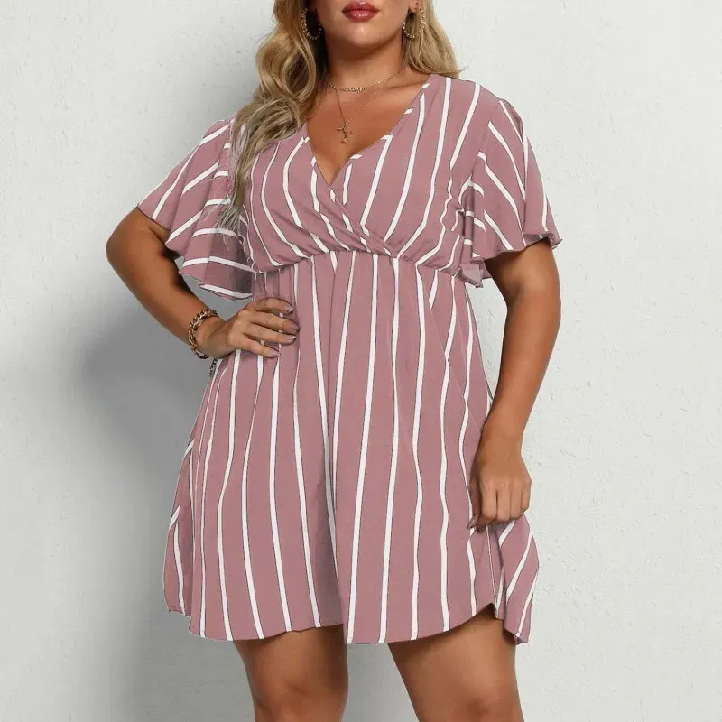 Women Plus Size Stripe V-Neck Short-Sleeved Casual V Neck Dress - Image 8