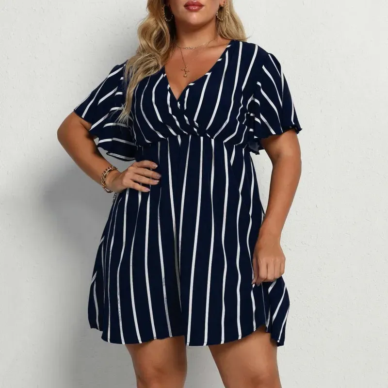 Women Plus Size Stripe V-Neck Short-Sleeved Casual V Neck Dress - Image 9